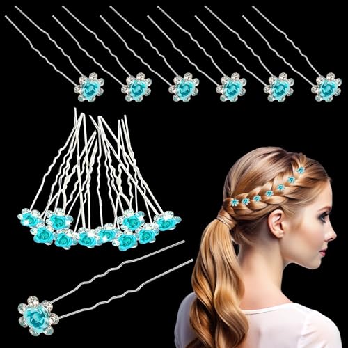 Trimming Shop Haarnadeln mit Strasssteinen, versilbert, glitzernde Kristalle, Rosenblüten, Damen-Haarschmuck für Hochzeit, Brautfrisur, Abschlussball, Party (Türkisblau, 40 Stück) von Trimming Shop