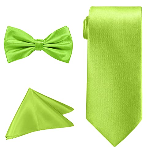 Trimming Shop Herren-Krawatten-Set, Fliege, Krawatte mit Taschentuch-einfarbig, klassische Satin-Krawatte mit Taschentuch für Freizeit- und formelle Kleidung, lime, One size von Trimming Shop