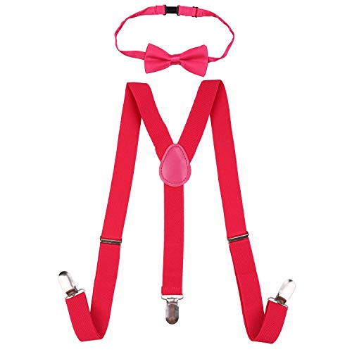 Trimming Shop Kinder Hosenträger Fliege Set, Kinder verstellbar voll elastisch Clip - On Y-Form Strapse mit Fliege, Kleidungszubehör für Jungen & Mädchen, 25 mm breit Gr. 65 cm (7-11 Jahre), hot pink von Trimming Shop