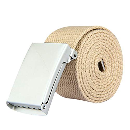 Trimming Shop Unisex Gurtband - passend für 26 Zoll bis 51 cm - Armee Kampf Stil Baumwolle Stoff Leinen Material - glänzend Silber Schnalle Folie Catch Klemme - für Freizeitkleidung - Beige, One Size von Trimming Shop
