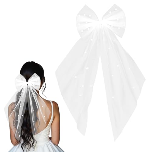 Trinkrittey Schleier Braut Weißer Schleier mit Perlen & Schleife HaarschleifeSchleier Weiße Perlen Brautschleier Haarklammer Bestickter Eleganter Junggesel Brautjungfer Geschenk für Hochzeitsfeiern von Trinkrittey