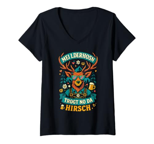Damen Party Lederhosn Dirndl Ersatz Trinkspruch Lustig Oktoberfest T-Shirt mit V-Ausschnitt von Trinksprüche Party Shirt Lustig Oktoberfest Tracht