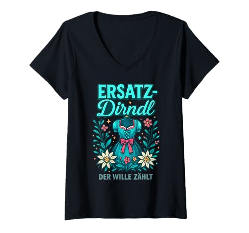 Damen Party Lederhosn Dirndl Ersatz Trinkspruch Lustig Oktoberfest T-Shirt mit V-Ausschnitt von Trinksprüche Party Shirt Lustig Oktoberfest Tracht