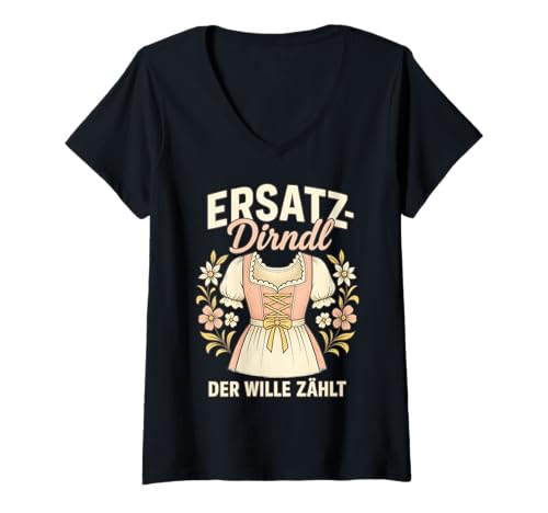 Damen Party Lederhosn Dirndl Ersatz Trinkspruch Lustig Oktoberfest T-Shirt mit V-Ausschnitt von Trinksprüche Party Shirt Lustig Oktoberfest Tracht