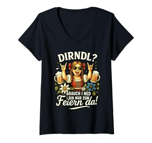 Damen Party Lederhosn Dirndl Ersatz Trinkspruch Lustig Oktoberfest T-Shirt mit V-Ausschnitt von Trinksprüche Party Shirt Lustig Oktoberfest Tracht