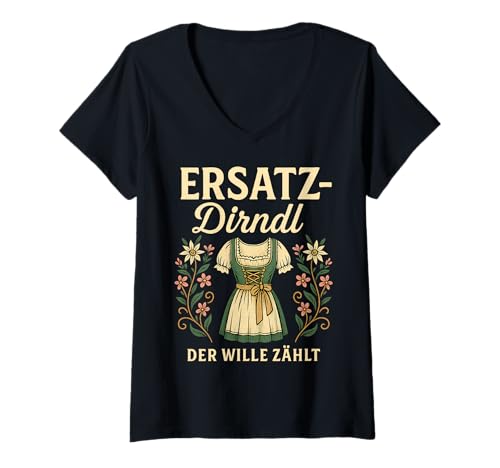 Damen Party Lederhosn Dirndl Ersatz Trinkspruch Lustig Oktoberfest T-Shirt mit V-Ausschnitt von Trinksprüche Party Shirt Lustig Oktoberfest Tracht