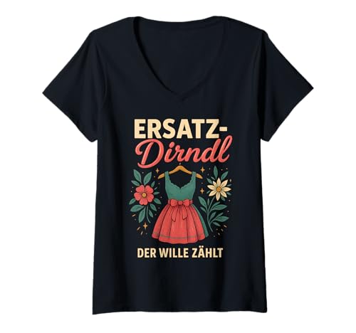 Damen Party Lederhosn Dirndl Ersatz Trinkspruch Lustig Oktoberfest T-Shirt mit V-Ausschnitt von Trinksprüche Party Shirt Lustig Oktoberfest Tracht