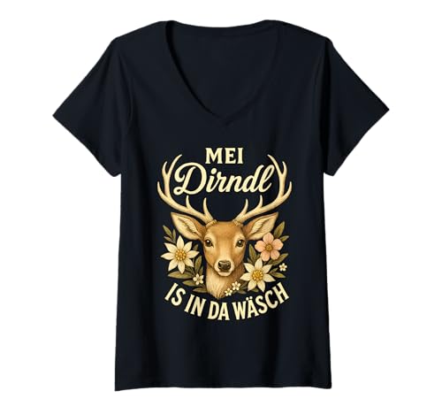 Damen Party Lederhosn Dirndl Ersatz Trinkspruch Lustig Oktoberfest T-Shirt mit V-Ausschnitt von Trinksprüche Party Shirt Lustig Oktoberfest Tracht