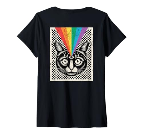 Damen Drittes Auge Katze Regenbogen Strahlen Trippy Optical (Art Back) T-Shirt mit V-Ausschnitt von TripCat