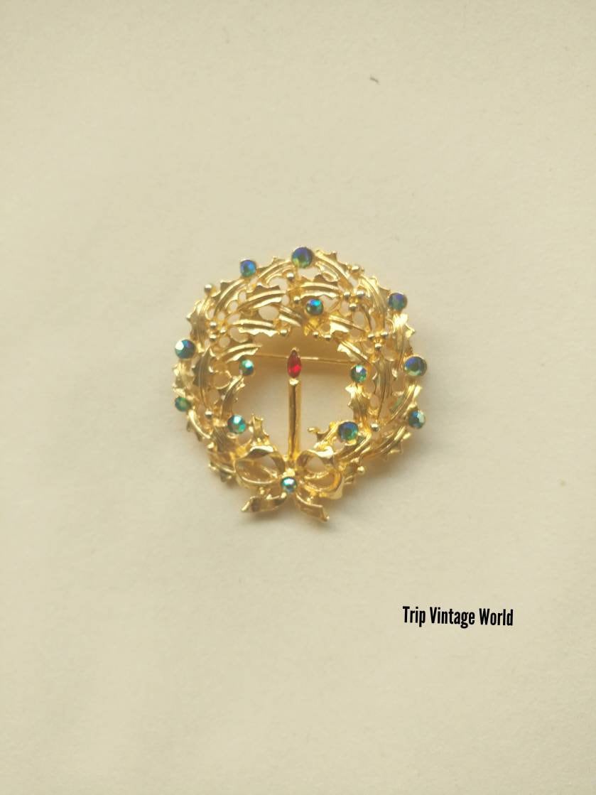 Adventskranz Kerze Brosche Gold Tone Blau Facettierte Perlen von TripVintageWorld