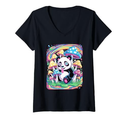 Damen Trippy Panda mit bunten Pilzen und Wirbel-Grafik T-Shirt mit V-Ausschnitt Damen Trippy Panda mit bunten Pilzen und Wirbel-Grafik T-Shirt mit V-Ausschnitt von Tripanda
