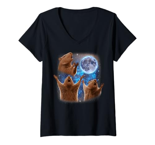 Damen DREI Capybaras Heulen am Mond Weird Meme Capybaras T-Shirt mit V-Ausschnitt Damen DREI Capybaras Heulen am Mond Weird Meme Capybaras T-Shirt mit V-Ausschnitt von Triple Cursed Moon