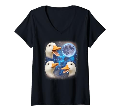Damen DREI Enten, die den Mond anheulen Seltsame Meme-Ente T-Shirt mit V-Ausschnitt Damen DREI Enten, die den Mond anheulen Seltsame Meme-Ente T-Shirt mit V-Ausschnitt von Triple Cursed Moon