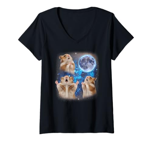 Damen DREI Hamster heulen den Mond an Seltsamer Meme-Hamster T-Shirt mit V-Ausschnitt Damen DREI Hamster heulen den Mond an Seltsamer Meme-Hamster T-Shirt mit V-Ausschnitt von Triple Cursed Moon