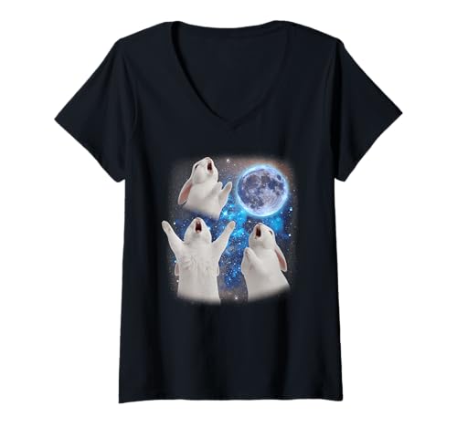 Damen DREI Kaninchen heulen den Mond an Seltsames Meme-Kaninchen T-Shirt mit V-Ausschnitt Damen DREI Kaninchen heulen den Mond an Seltsames Meme-Kaninchen T-Shirt mit V-Ausschnitt von Triple Cursed Moon