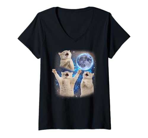 Damen DREI Katzen heulen am Mond seltsam Meme Cat T-Shirt mit V-Ausschnitt von Triple Cursed Moon