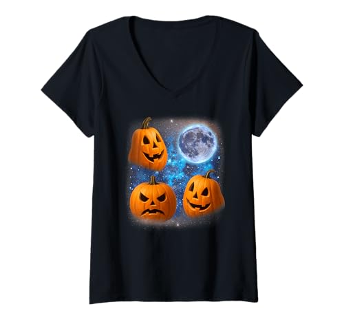 Damen DREI Kürbisse heulen am Mond Weird Meme Kürbis T-Shirt mit V-Ausschnitt Damen DREI Kürbisse heulen am Mond Weird Meme Kürbis T-Shirt mit V-Ausschnitt von Triple Cursed Moon