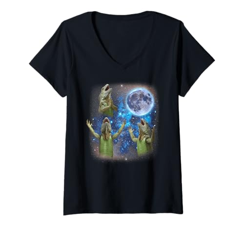 Damen DREI Leguane heulen am Mond Weird Meme Leguan T-Shirt mit V-Ausschnitt Damen DREI Leguane heulen am Mond Weird Meme Leguan T-Shirt mit V-Ausschnitt von Triple Cursed Moon