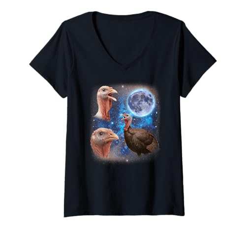 Damen DREI Truthähne heulen am Mond seltsam Meme Türkei T-Shirt mit V-Ausschnitt Damen DREI Truthähne heulen am Mond seltsam Meme Türkei T-Shirt mit V-Ausschnitt von Triple Cursed Moon