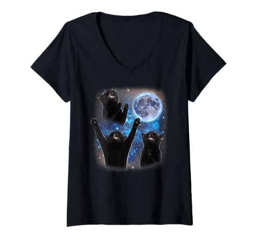Damen Three Cats Howling at The Moon Weird Meme Smoking Cat T-Shirt mit V-Ausschnitt Damen Three Cats Howling at The Moon Weird Meme Smoking Cat T-Shirt mit V-Ausschnitt von Triple Cursed Moon