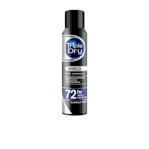 Triple Dry Men | Shield mit Aktivkohle Anti-Transpirant-Spray 150 ml | 72-Stunden-Schutz vor übermäßigem Schwitzen | Bekämpft Gerüche | Dreifach aktive Formel | klinisch bewährt | männlich von Triple Dry