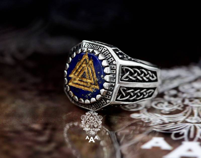 Valknut Ring, Valknut Wikinger Siegelring Lapis Lazuli Schmuck, Neues Design. Sterling Silber 925 Schwarz Oxidiert von TripleAceStore