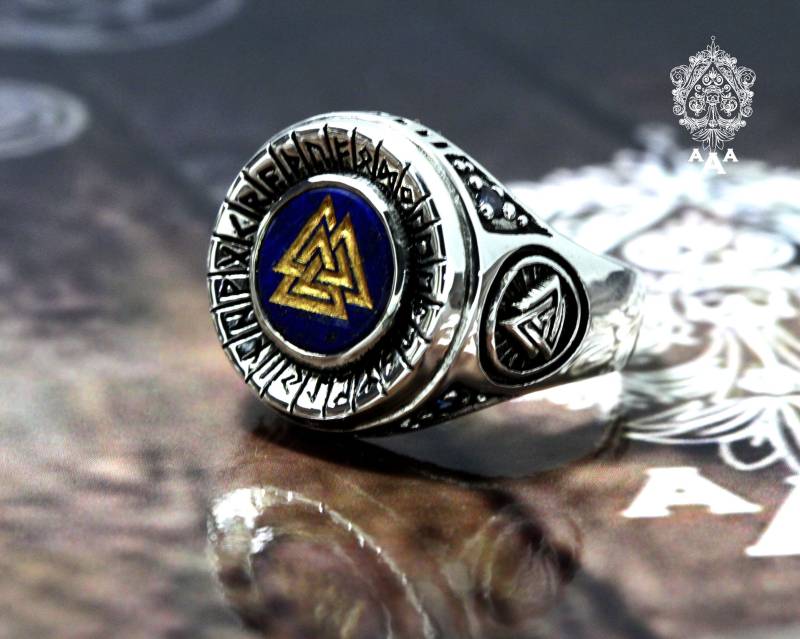 Valknut Ring, Valknut Wikinger Siegelring Lapis Lazuli Schmuck, Neues Design. Sterling Silber 925 Schwarz Oxidiert.(No.rv002 von TripleAceStore