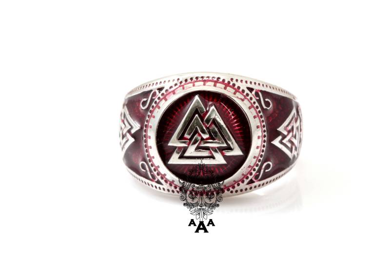 Valknut Wikinger Signet Ring, Silber Ring Rot Emaille, Sterling 925 von TripleAceStore