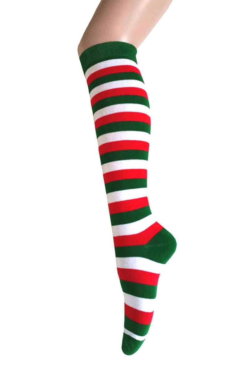 Frauen Und Mädchen Grün Mit Roten Weißen Zebra-streifen Knie Hohe Kostüm-Kleid-Socken von Triplemplus