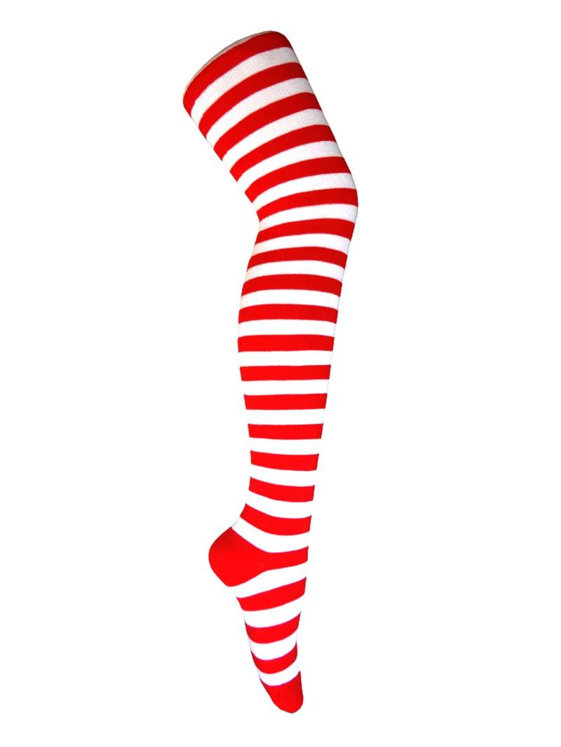 Frauen Und Mädchen Rot Mit Weißer Farbe Wenda Halloween Kostüm Zebra Striped Oberschenkel Hohe Baumwollsocken von Triplemplus