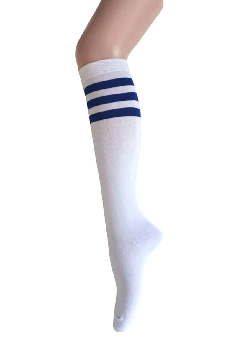 Frauen Und Mädchen Weiß Mit Dreifachen Blauen Streifen Knie Hohe Halloween Kostüm Kleidersocken von Triplemplus