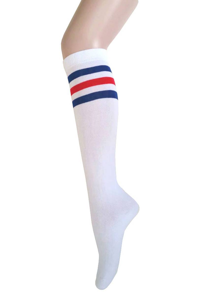 Frauen Und Mädchen Weiß Mit Roten Blauen Streifen Knie Hohe Halloween Kostüm Kleidersocken von Triplemplus