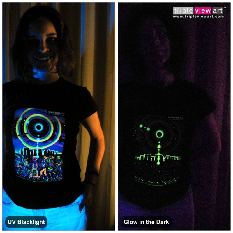 Eclipse Over Stonehenge Uv Black Light Fluorescent & Glow in The Dark Phosphorescent Psychedelic Psy Goa Trance Art Club Damen T-Shirt von TripleviewArt