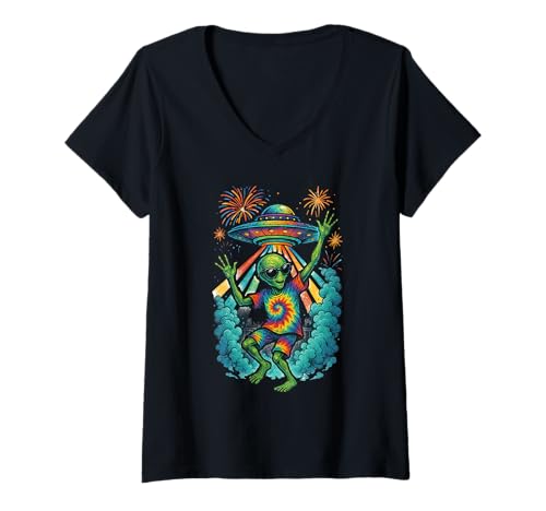 Damen Lustiger Hippie Alien Rave Party Dance Psychedelic T-Shirt mit V-Ausschnitt von Trippy Extraterrestrial UFO Tie Dye Alien Dancing