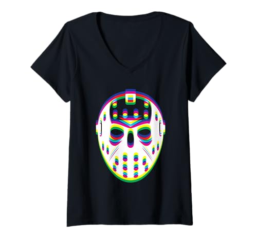 Damen EDM Techno Hockey Maske Rave Hockey Maske T-Shirt mit V-Ausschnitt Damen EDM Techno Hockey Maske Rave Hockey Maske T-Shirt mit V-Ausschnitt von Trippy Hockey EDM Stil