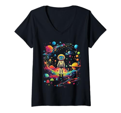 Damen Psychedelic Astronaut im bunten Universum, Space Art Galaxie T-Shirt mit V-Ausschnitt Damen Psychedelic Astronaut im bunten Universum, Space Art Galaxie T-Shirt mit V-Ausschnitt von Trippy Space Art mit Planeten, Galaxie, d.b.A.i.