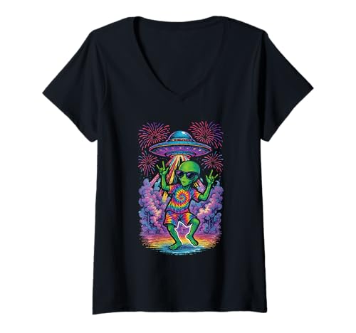 Damen Dancing Hippie Alien Tie-Dye UFO Psychedelic Rave T-Shirt mit V-Ausschnitt Damen Dancing Hippie Alien Tie-Dye UFO Psychedelic Rave T-Shirt mit V-Ausschnitt von Trippy Space Disco Rave Party Alien UFO Festival