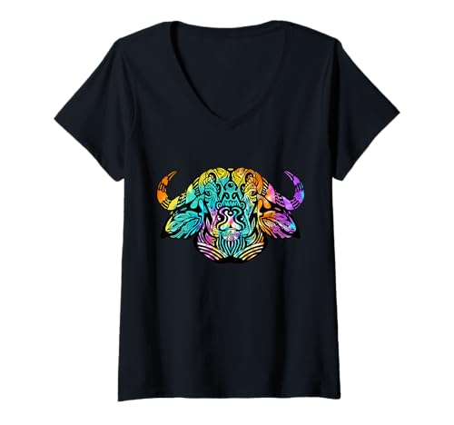 Damen Hippie Batik-Büffelkopf Tribal Buffalo T-Shirt mit V-Ausschnitt Damen Hippie Batik-Büffelkopf Tribal Buffalo T-Shirt mit V-Ausschnitt von Trippy Tribal Style