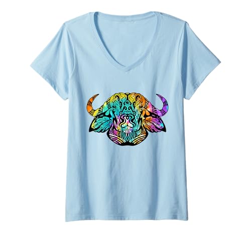 Damen Hippie Batik-Büffelkopf mit Büffelmuster T-Shirt mit V-Ausschnitt Damen Hippie Batik-Büffelkopf mit Büffelmuster T-Shirt mit V-Ausschnitt von Trippy Tribal Style