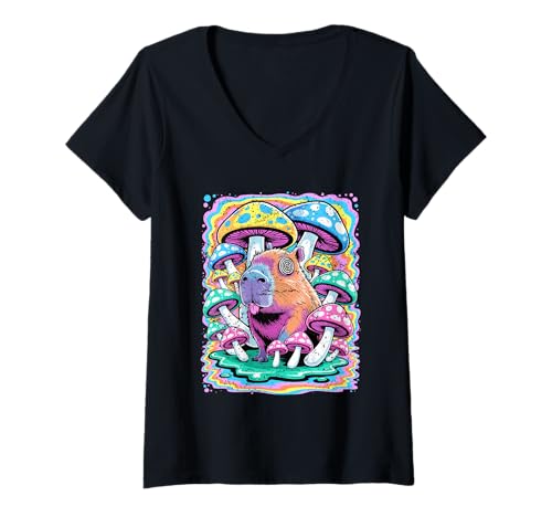 Damen Lustige Trippy Capybara umgeben von Pilzen und Regenbögen T-Shirt mit V-Ausschnitt Damen Lustige Trippy Capybara umgeben von Pilzen und Regenbögen T-Shirt mit V-Ausschnitt von TrippyCritter
