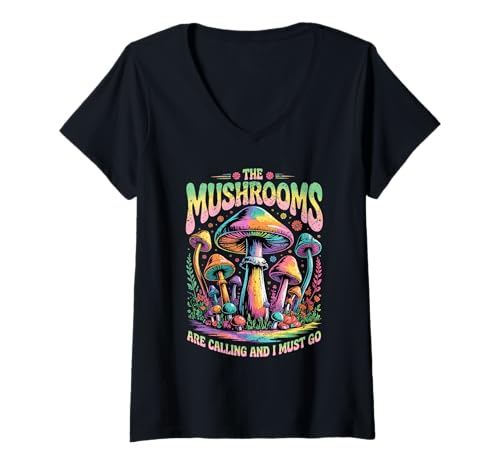 Damen The Mushrooms Are Calling Farbenfrohe psychedelische Waldszene T-Shirt mit V-Ausschnitt Damen The Mushrooms Are Calling Farbenfrohe psychedelische Waldszene T-Shirt mit V-Ausschnitt von TrippyFungi