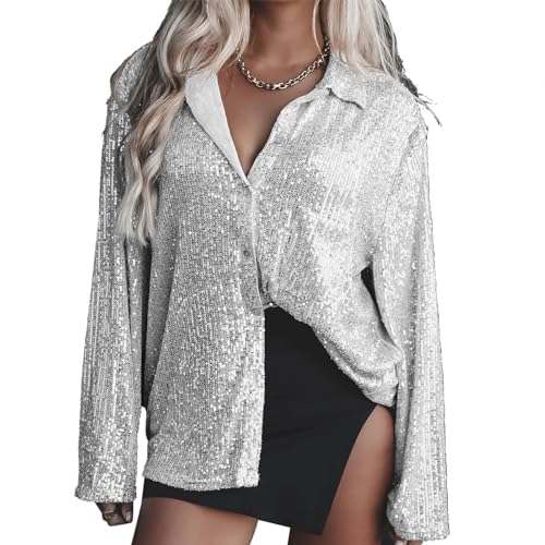 Trisar Glitzernde Pailletten-Oberteile für Damen, Langärmlige Bluse mit Kragen, Einfarbig, Lässig für Party (XL) von Trisar