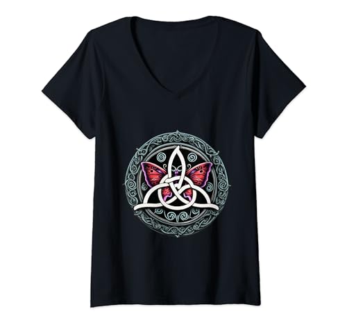 Damen Triskele l Triquetra keltische Schutzrune Schmetterling T-Shirt mit V-Ausschnitt Damen Triskele l Triquetra keltische Schutzrune Schmetterling T-Shirt mit V-Ausschnitt von Triskele Triskel Triquetra und mehr