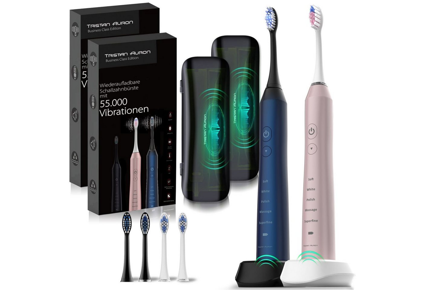 Tristan Auron Elektrische Zahnbürste Elektrische Zahnbürste Doppelpack + UV Reiseetui - 60 Tage Akku IPX7, Aufsteckbürsten: 4 St. von Tristan Auron