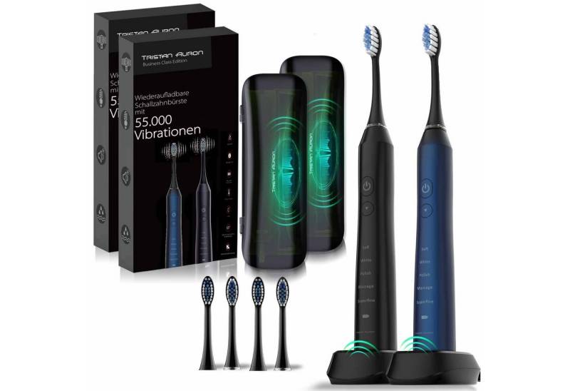 Tristan Auron Elektrische Zahnbürste Elektrische Zahnbürste Doppelpack + UV Reiseetui - 60 Tage Akku IPX7, Aufsteckbürsten: 4 St. von Tristan Auron