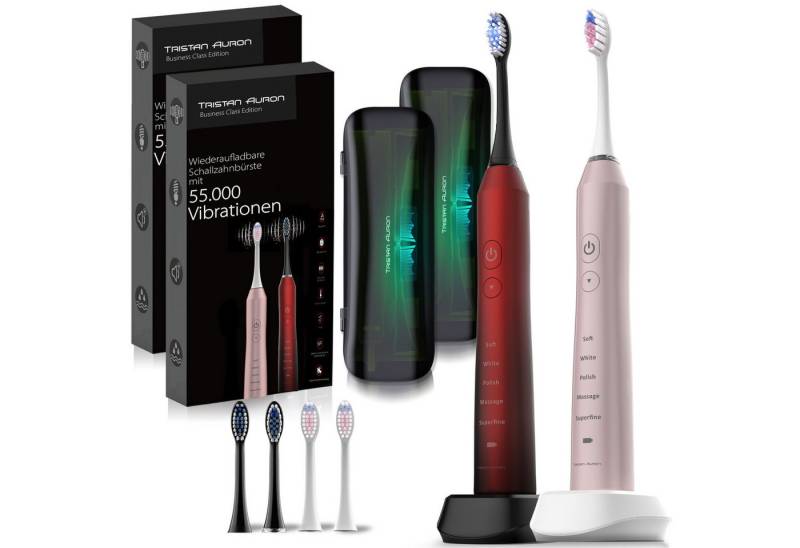 Tristan Auron Elektrische Zahnbürste Elektrische Zahnbürste Doppelpack + UV Reiseetui - 60 Tage Akku IPX7, Aufsteckbürsten: 4 St. von Tristan Auron