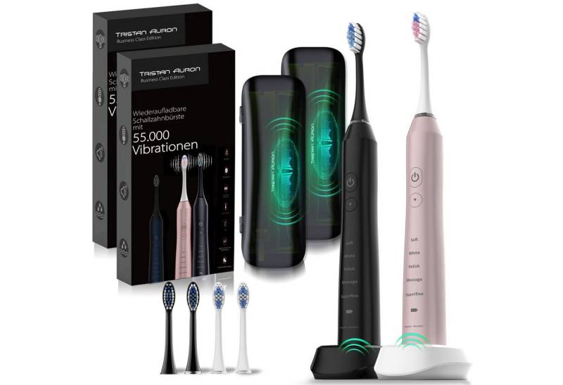 Tristan Auron Elektrische Zahnbürste Elektrische Zahnbürste Doppelpack + UV Reiseetui - 60 Tage Akku IPX7, Aufsteckbürsten: 4 St. von Tristan Auron
