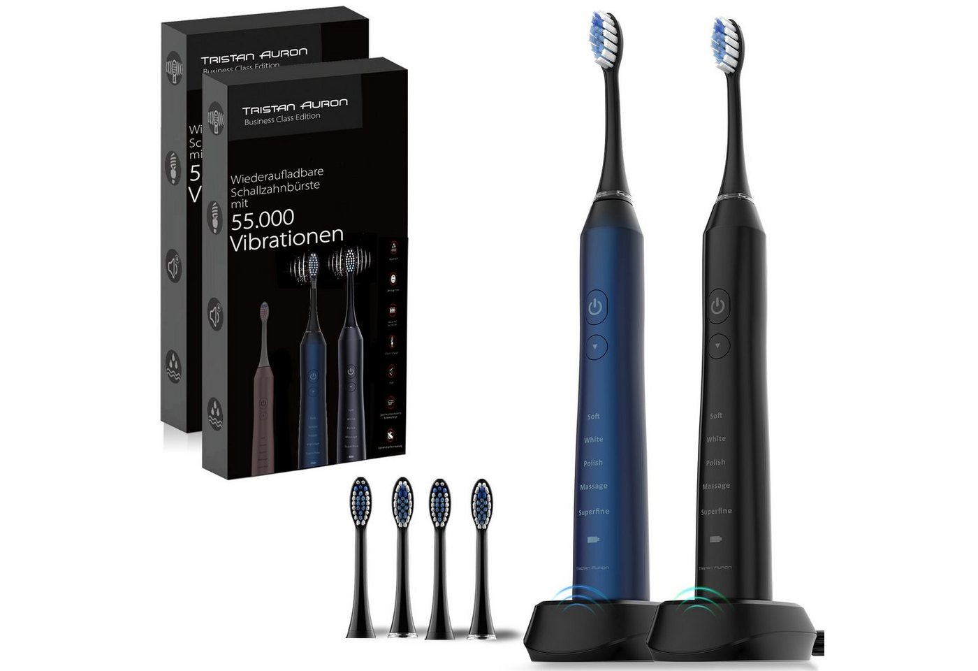 Tristan Auron Elektrische Zahnbürste Elektrische Zahnbürste Doppelpack 55000 VPM 60 Tage Akku 5 Modis IPX7, Aufsteckbürsten: 4 St., 2 Min Timer, 5 Modis, IPX7 Wasserdicht, 55 000 VPM, extrem leise <65db von Tristan Auron