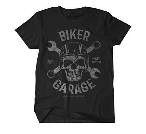 Biker Garage Herren T-Shirt Kurzarm hochwertig Bedruckt Rockabilly Racer Shirt Vintage Custom Retro 4X-Large Schwarz von Triton Style