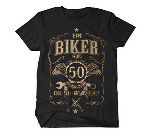 Biker Geburtstags Herren Kurzarm T-Shirt Fun Shirt Large Schwarz 50Jahre von Triton Style
